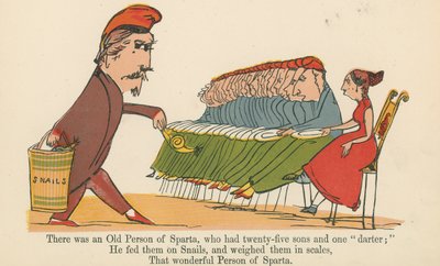 Es war eine alte Person von Sparta, die fünfundzwanzig Söhne und einen Darter hatte, aus Ein Buch des Unsinns, veröffentlicht von Frederick Warne und Co., London, um 1875 von Edward Lear